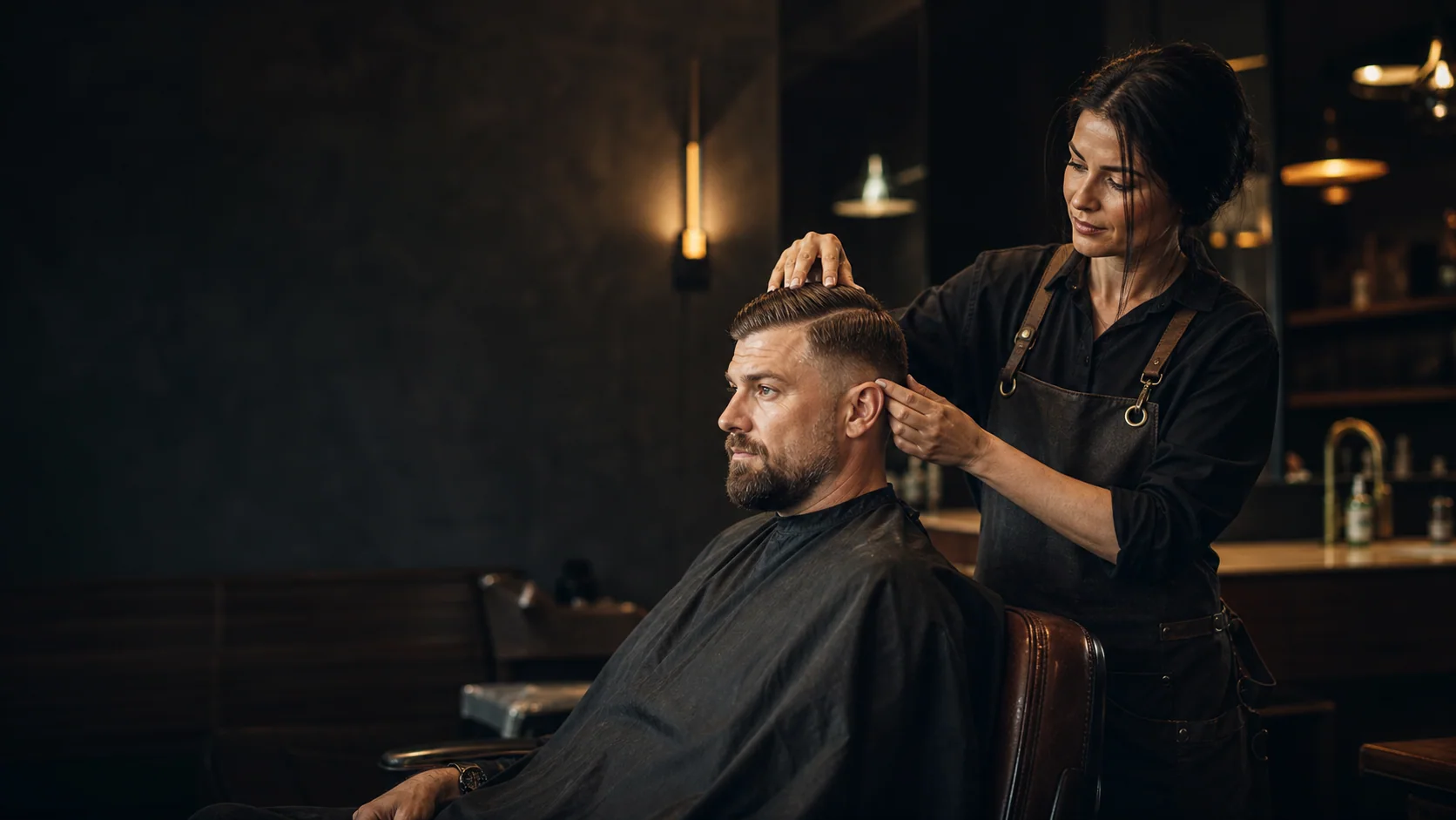 Barberka při dokončování pánského střihu